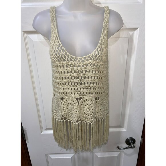 Boho Crochet Fringe Tank Top Cream Open Knit Sleeveless Beachwear Tunic Womens S - Picture 8 of 8